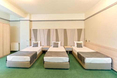 two beds in a room with green carpet at Hotel Malibu in Mamaia