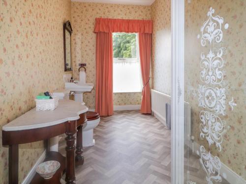 ein Badezimmer mit Waschbecken und Toilette und einem Fenster in der Unterkunft The Haw Country Home in Bushmills