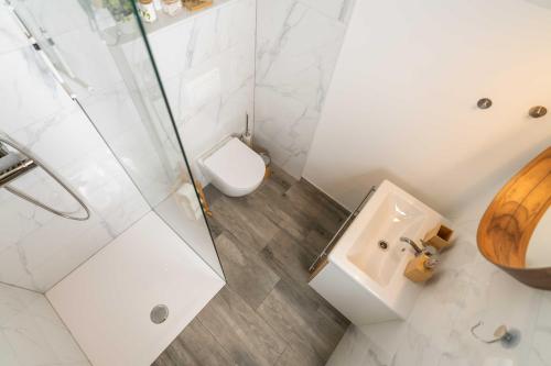 a white bathroom with a toilet and a sink at Studio Maria with Free Parking in Bohinj