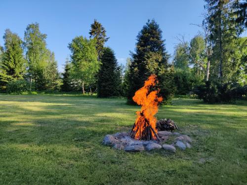 a fire pit in the middle of a field at Päikesekivi Keskus in Ridaküla