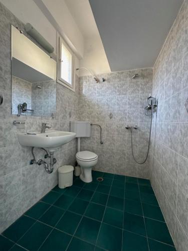 a bathroom with a sink and a toilet and a shower at Bouros Seaview Farm in Karistos