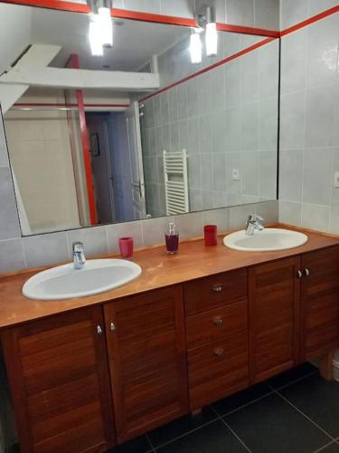 une salle de bain avec deux lavabos et un grand miroir dans l'établissement Beau gîte 3 épis gîte de france, excellent emplacement de très belles plages , en bretagne sud, à Plouhinec