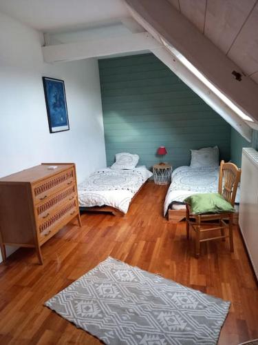 une chambre mansardée avec deux lits et une commode dans l'établissement Beau gîte 3 épis gîte de france, excellent emplacement de très belles plages , en bretagne sud, à Plouhinec