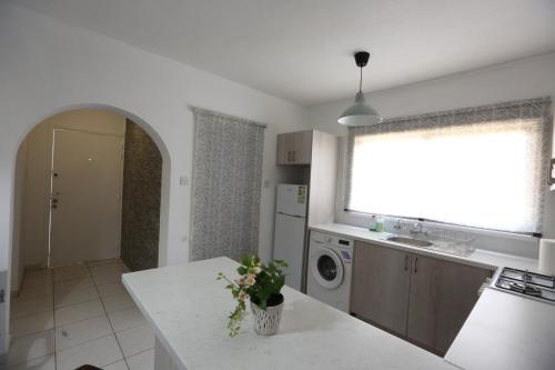a kitchen with a sink and a washing machine at Near the Beach Holiday Apartment in Limassol