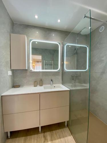 une salle de bain avec un lavabo et une douche dans l'établissement Joli appartement prés de la mer, à Cannes