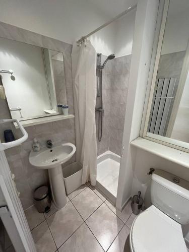 une salle de bain avec un lavabo, des toilettes et une douche dans l'établissement Cannes Croisette - Studio au calme avec terrasse, à Cannes