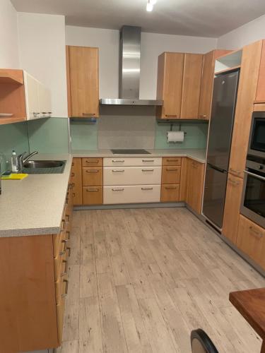 a kitchen with wooden cabinets and stainless steel appliances at Apartment im Herzen von Neusiedl am See in Neusiedl am See