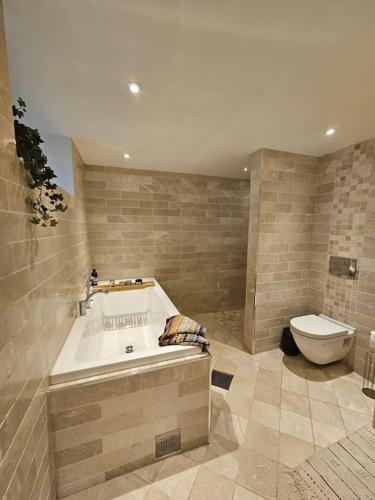 a bathroom with a tub and a toilet at Villa på Jeløya in Moss