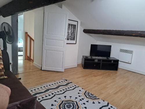 un salon avec une télévision à écran plat et une chambre avec un canapé dans l'établissement l'Escale, à Thoissey