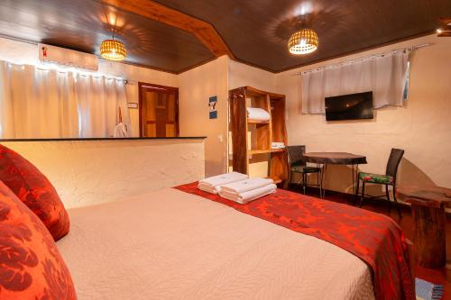 a bedroom with a bed and a table and a television at Pousada Do Lado de Lá in Pirenópolis