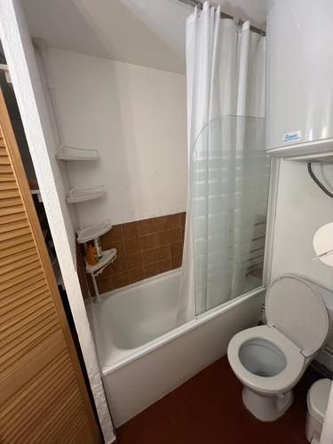 une petite salle de bain avec toilettes et douche dans l'établissement appartement la méditerrannée port de gruissan, à Gruissan