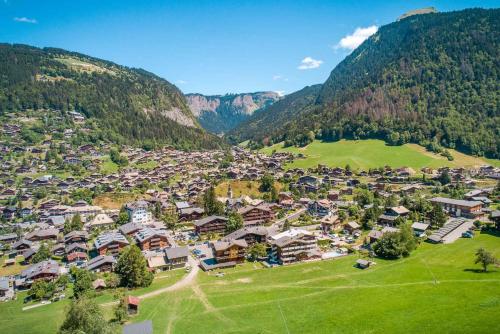 an aerial view of a village in the mountains at La Clef des Champs in Morzine