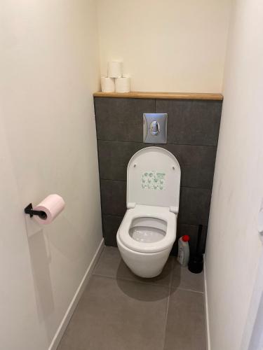 - une petite salle de bains avec des toilettes avec un couvercle dans l'établissement L'Oustaou Loft avec vue sur les voiliers, à Martigues