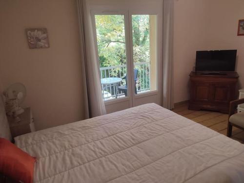 une chambre avec un lit et une vue sur un balcon dans l'établissement T 1 avec terrasse face rivière à 1 min des thermes, à Gréoux-les-Bains