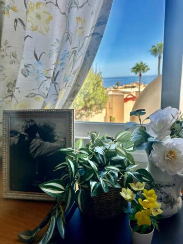 a picture of a person in a picture frame next to flowers at Budget-Apart Caronte in Riviera del Sol, Mijas Costa in Mijas Costa