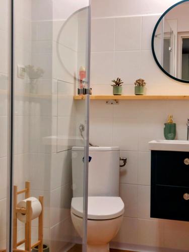 a bathroom with a toilet and a shower at Apple Inn in Warsaw