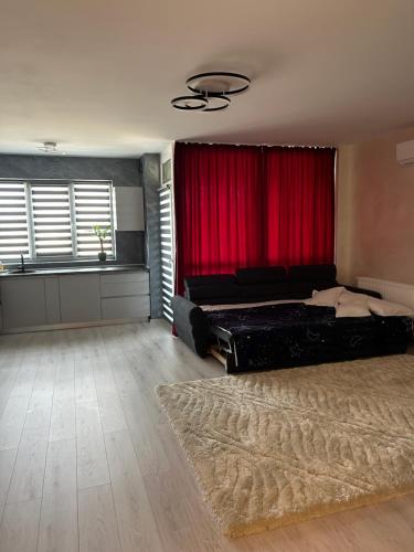 ein Schlafzimmer mit einem Bett und einem roten Vorhang in der Unterkunft Alexia apartment in Târgu Mureș