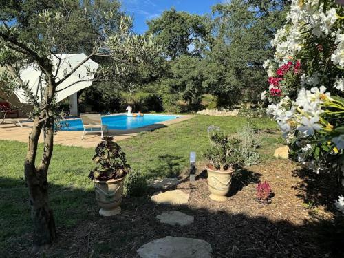 un jardin avec des plantes en pot et une piscine dans l'établissement Cinq Terrasses, à Oppède