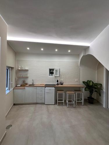 a large kitchen with a counter and a refrigerator at Ninfa Roda B&B in Vietri sul Mare
