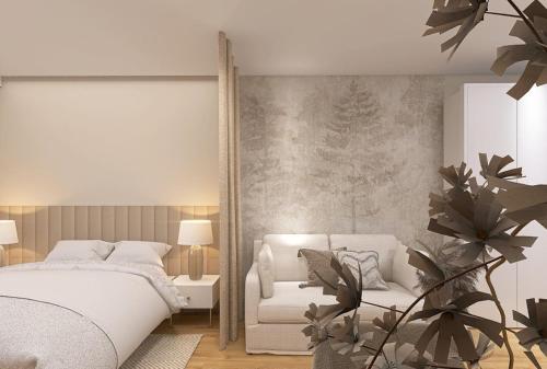 a bedroom with a white bed and a chair at Apartamenty Florina Q4Apartments in Łeba