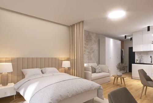 a bedroom with a bed and a living room at Apartamenty Florina Q4Apartments in Łeba