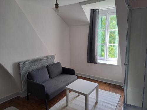 a living room with a couch and a table at chambre prive standard in Châteauroux