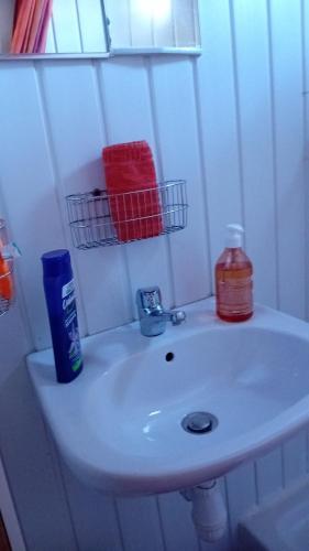 - un lavabo blanc avec une bouteille de bouche et un savon dans l'établissement Le chalet, à Peynier