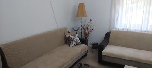 a living room with a couch and a window at Apartmani Doksas Degurić in Belić
