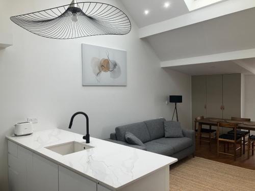 Il dispose d'une cuisine et d'un salon avec un canapé et un évier. dans l'établissement Maison le Bac Apartments, à Paris
