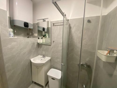 a bathroom with a shower and a toilet and a sink at Ana one bedroom apartment, 1min from Old Town, Budva in Budva