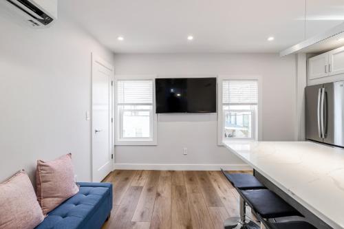 a living room with a blue couch and a tv at 3BR2Bth Parking Cambridge Boston W&D Subway AC in Somerville