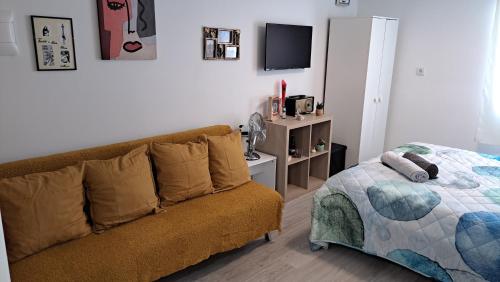 a living room with a couch and a bed at Studio dAires in Coimbra