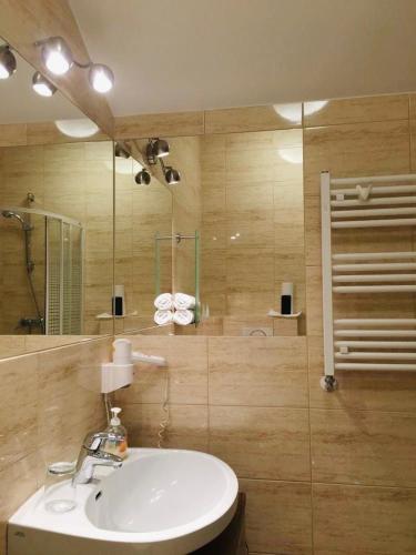 a bathroom with a sink and a shower at Noclegi Nad Gwdą in Złotów