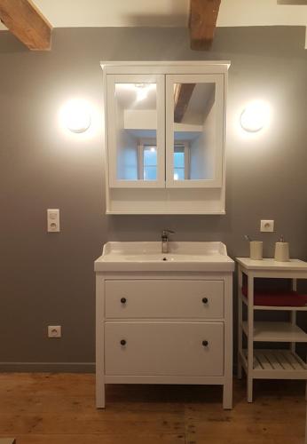 une salle de bain avec un lavabo blanc et un miroir dans l'établissement gentilhommière de Saint Amandin, à Saint-Amandin
