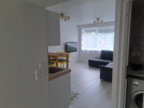 a kitchen and living room with a sink and a couch at Koidula külaliskorter in Võru