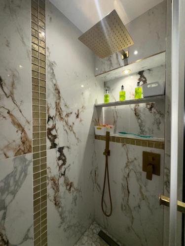 La salle de bains est pourvue de murs en marbre et d'une douche. dans l'établissement Appartement parisien, à Paris