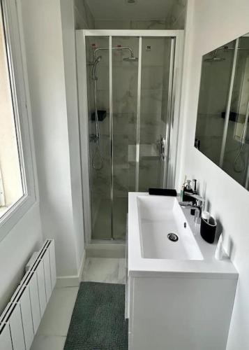 une salle de bain blanche avec un lavabo et une douche dans l'établissement La perle Bleue - appartement cosy à La Défense, à Puteaux