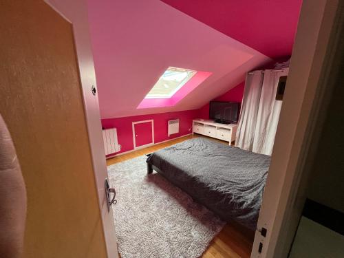 une chambre avec des murs roses et un lit et une lucarne dans l'établissement Chambre à 30 min de Paris Montparnasse, à Villepreux