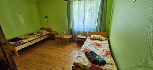 two beds in a room with green walls at Mesikamäe puhkemaja in Põlva
