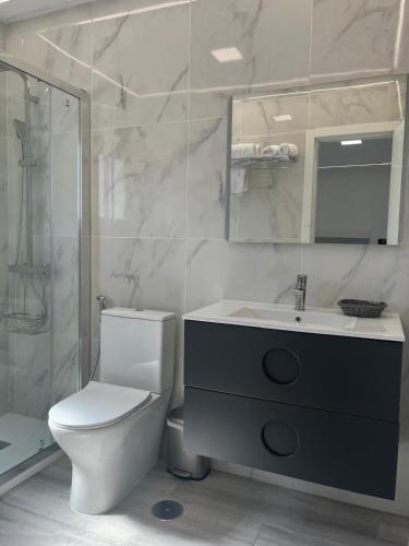 a bathroom with a toilet and a sink and a mirror at Villa Amir in Fuengirola
