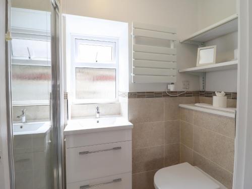 a bathroom with a toilet and a sink and a window at Ty Llaeth Cottage in Tywyn