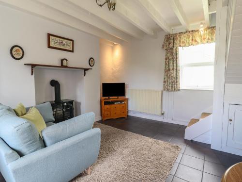 a living room with a blue couch and a television at Bwthyn y Gwas in Tywyn