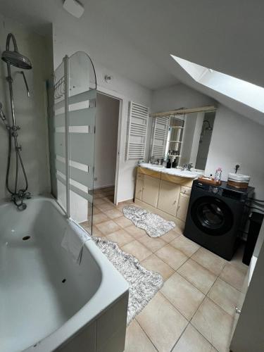 une salle de bain avec baignoire et machine à laver dans l'établissement Calme, à Sannois
