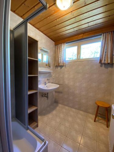 a bathroom with a sink and a shower and a toilet at Obenfigerhof in Kals am Großglockner