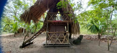 a tree house with a slide in a forest at Eco-Camping Mango Feliz Rincón del Mar in San Onofre