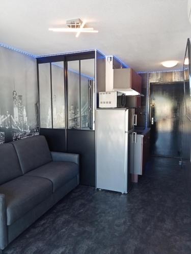 - un salon avec un canapé et un réfrigérateur dans l'établissement Studio Port Soleil Naturiste Cap D'Agde, au Cap d'Agde