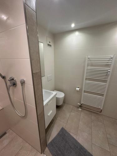 a bathroom with a shower and a toilet and a sink at Linden Retreat in Oldenburg