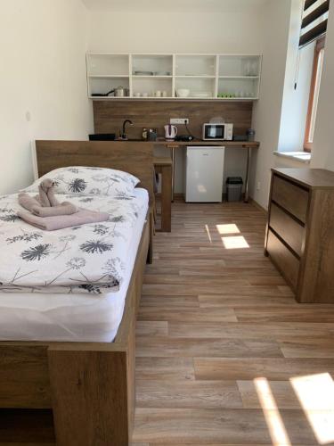 a bedroom with a bed and a desk and a kitchen at Kamrovec in Tachov