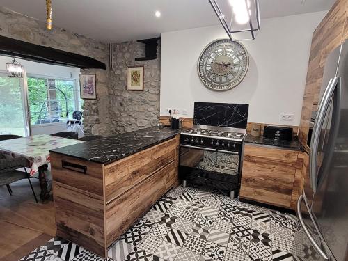 une cuisine avec une cuisinière et un comptoir dans l'établissement Lou Mouli Dous Amisc, à Louvie Juzon