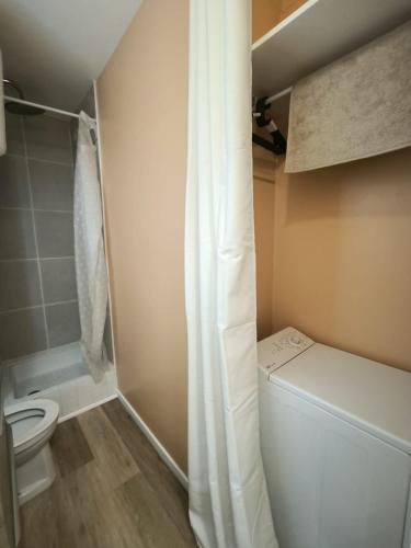 une petite salle de bain avec toilettes et douche dans l'établissement Le Mirador de Beau Séjour, à Montpellier